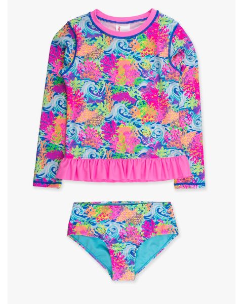 Neon Ocean Coral Long Sleeve Rash Guard 2-Piece Swimsuit
