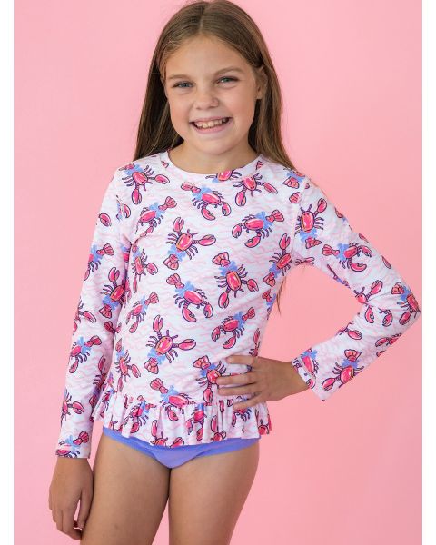 Pink Lobster Lagoon Long Sleeve Rash Guard 2-Piece Swimsuit
