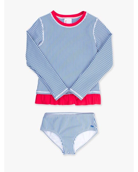 Blue Seersucker Girls Seersucker Long Sleeve Rash Guard Bikini Swimsuit