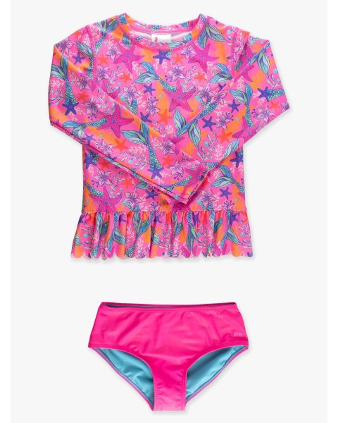 Neon Shimmer Mermaid Scallop Hem Long Sleeve Rash Guard 2-Piece Swimsuit