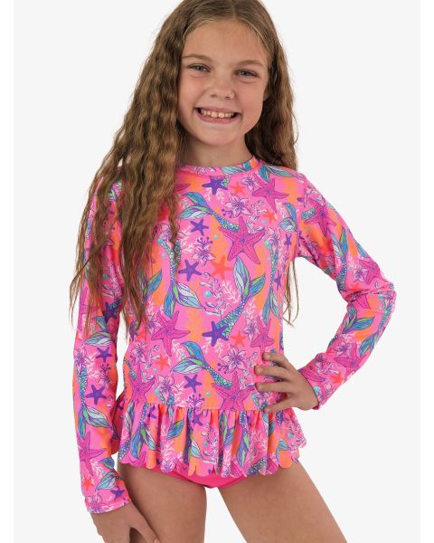 Neon Shimmer Mermaid Scallop Hem Long Sleeve Rash Guard 2-Piece Swimsuit