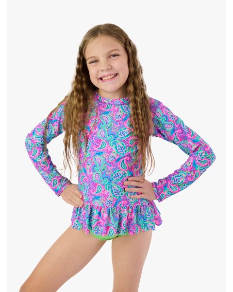 Neon Paisley Pop Scallop Hem Long Sleeve Rash Guard 2-Piece Swimsuit