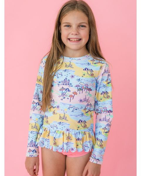 Beach Day Scallop Hem Long Sleeve Rash Guard 2-Piece Swimsuit