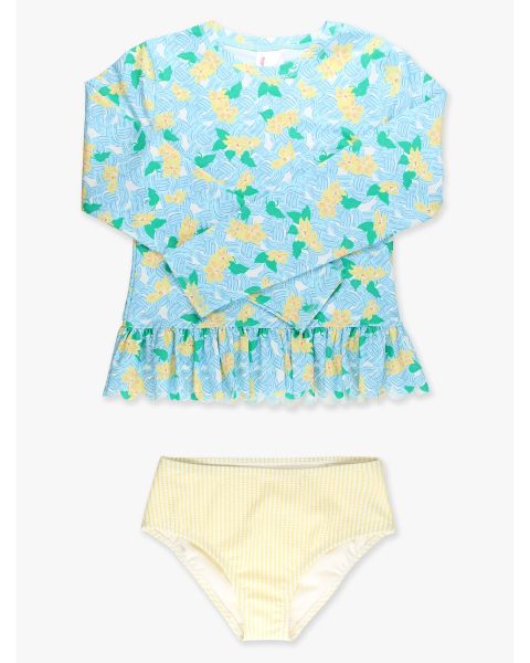 Blooming Basket Scallop Hem Long Sleeve Rash Guard 2-Piece Swimsuit