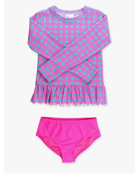 Neon Sorbet Cane Scallop Hem Long Sleeve Rash Guard 2-Piece Swimsuit
