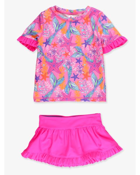 Neon Shimmer Mermaid Short Sleeve Ruffle Rash Guard Skirted 2-Piece Swimsuit