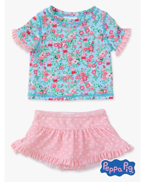 Blue Floral Peppa Pig Short Sleeve Ruffle Rash Guard Skirted 2-Piece Swimsuit