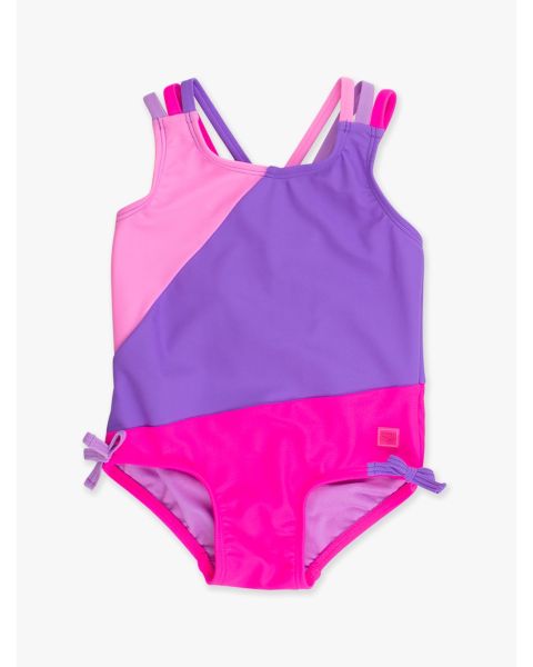 Neon Purple Color Block Block Cross-Back One Piece Swimsuit