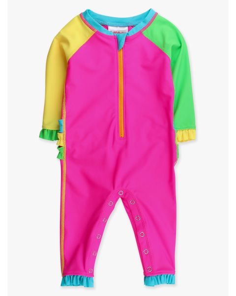 Neon Color Block Full Length Long Sleeve Rash Guard One Piece Swimsuit, with Signature Rear Ruffles