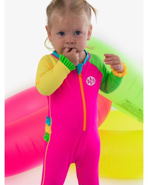Neon Color Block Full Length Long Sleeve Rash Guard One Piece Swimsuit, with Signature Rear Ruffles