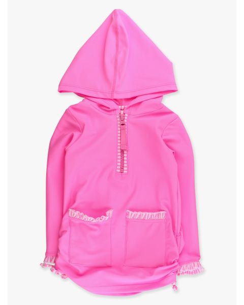 Neon Pink Sun Protective Ruched Quarter-Zip Cover-Up
