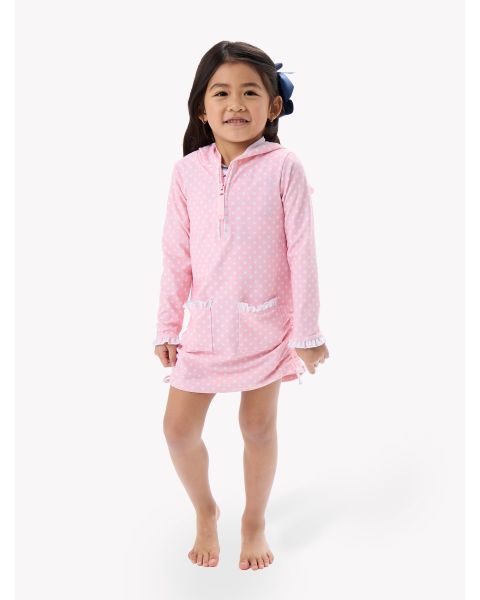 Pink Polka Dot Sun Protective Ruched Quarter-Zip Cover-Up