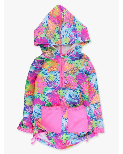 Neon Ocean Coral Sun Protective Ruched Quarter-Zip Cover-Up