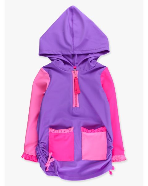 Neon Purple Color Block Sun Protective Ruched Quarter-Zip Cover-Up