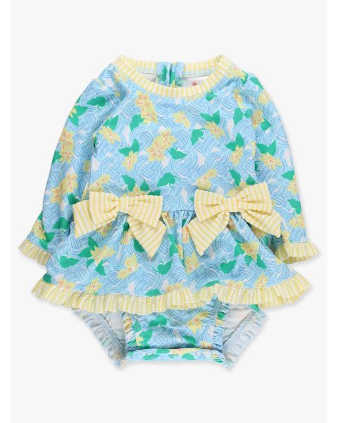 Blooming Basket Long Sleeve One Piece Bow Peplum Rash Guard Swimsuit, with Signature Rear Ruffles