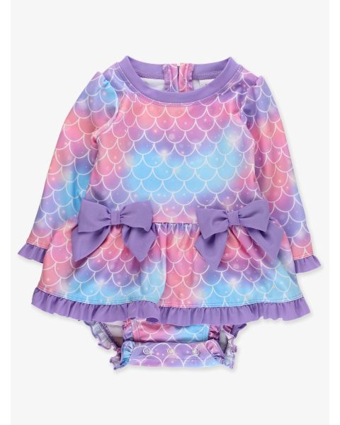 Shimmer Mermaid Tale Long Sleeve One Piece Bow Peplum Rash Guard Swimsuit, with Signature Rear Ruffles