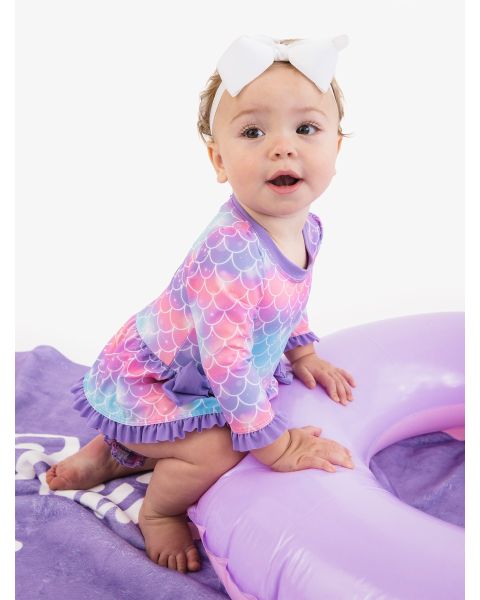 Shimmer Mermaid Tale Long Sleeve One Piece Bow Peplum Rash Guard Swimsuit, with Signature Rear Ruffles