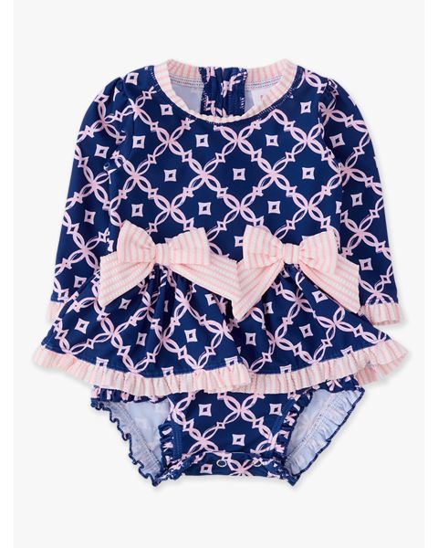 Navy Coastal Charm Long Sleeve One Piece Bow Peplum Rash Guard Swimsuit, with Signature Rear Ruffles