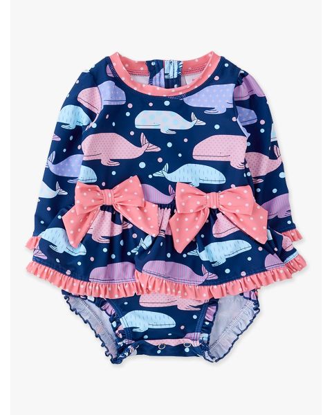 Whale Harbor Long Sleeve One Piece Bow Peplum Rash Guard Swimsuit, with Signature Rear Ruffles