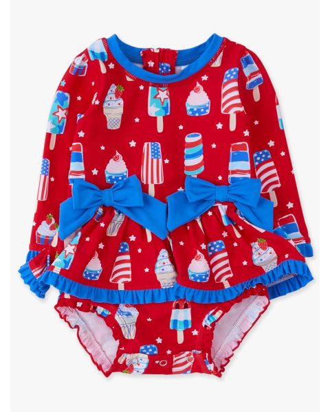 Stars & Scoops Long Sleeve One Piece Bow Peplum Rash Guard Swimsuit, with Signature Rear Ruffles