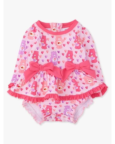 Pink Heart Care Bears Long Sleeve One Piece Bow Peplum Rash Guard Swimsuit, with Signature Rear Ruffles