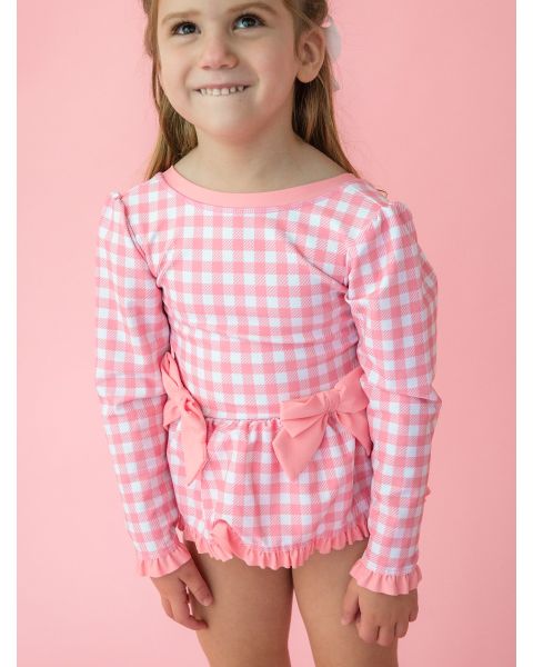 Bubblegum Pink Gingham Long Sleeve One Piece Bow Peplum Rash Guard Swimsuit