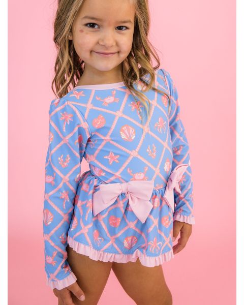 Tropical Trellis Long Sleeve One Piece Bow Peplum Rash Guard Swimsuit