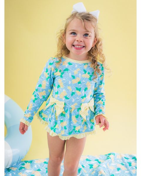 Blooming Basket Long Sleeve One Piece Bow Peplum Rash Guard Swimsuit