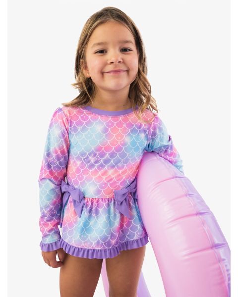 Shimmer Mermaid Tale Long Sleeve One Piece Bow Peplum Rash Guard Swimsuit
