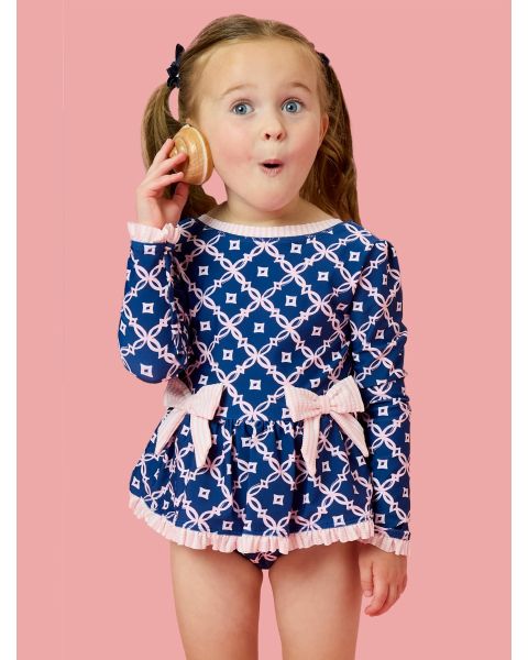 Navy Coastal Charm Long Sleeve One Piece Bow Peplum Rash Guard Swimsuit