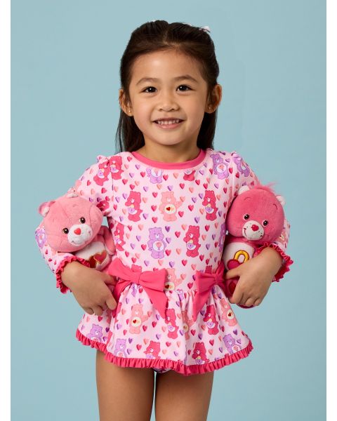 Pink Heart Care Bears Long Sleeve One Piece Bow Peplum Rash Guard Swimsuit