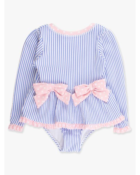 Periwinkle Blue Seersucker Seersucker Long Sleeve One Piece Bow Peplum Rash Guard Swimsuit