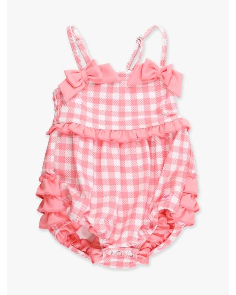 Bubblegum Pink Gingham One Piece Bow Bubble Romper Swimsuit, with Signature Rear Ruffles
