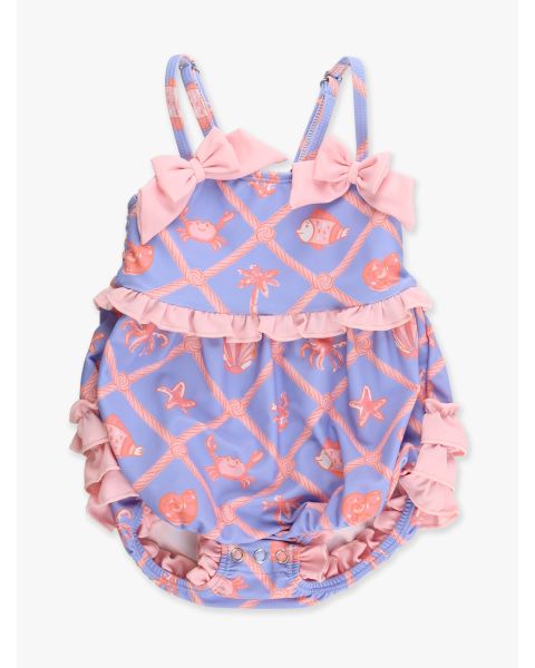 Tropical Trellis One Piece Bow Bubble Romper Swimsuit, with Signature Rear Ruffles