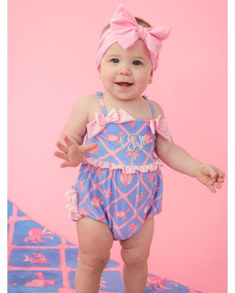 Tropical Trellis One Piece Bow Bubble Romper Swimsuit, with Signature Rear Ruffles