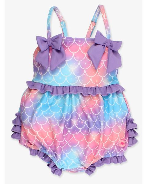 Shimmer Mermaid Tale One Piece Bow Bubble Romper Swimsuit, with Signature Rear Ruffles