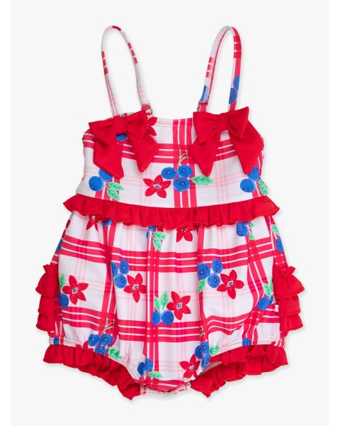 Red, White, & Blueberry One Piece Bow Bubble Romper Swimsuit, with Signature Rear Ruffles