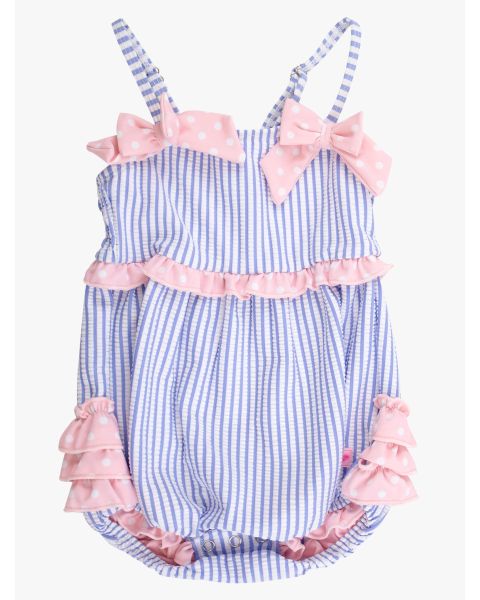 Periwinkle Blue Seersucker Seersucker One Piece Bow Bubble Romper Swimsuit, with Signature Rear Ruffles