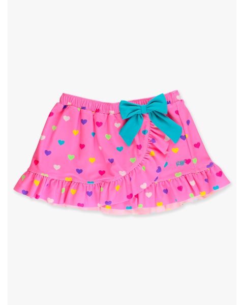 Neon Pink Colorful Hearts Swim Bow Skirt Cover-Up