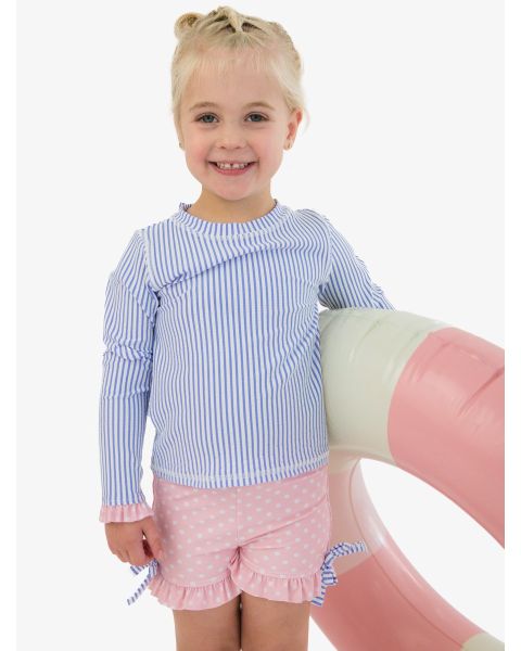Periwinkle Blue Seersucker Long Sleeve Rash Guard Ruffle Shorts 2-Piece Swimsuit