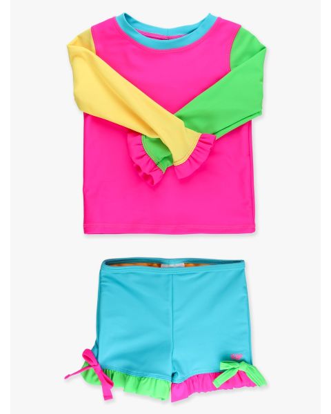 Neon Color Block Long Sleeve Rash Guard Ruffle Shorts 2-Piece Swimsuit
