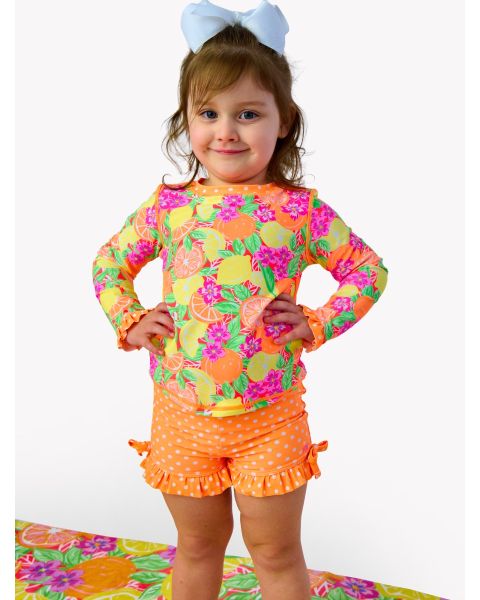 Neon Squeeze the Day Long Sleeve Rash Guard Ruffle Shorts 2-Piece Swimsuit