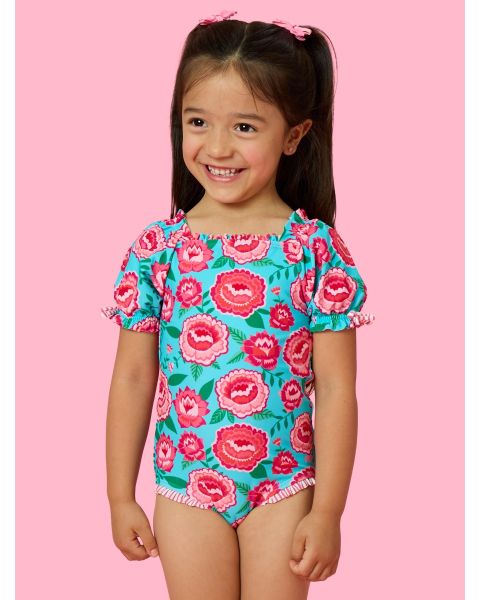 Bright Blossoms Puff Sleeve One Piece Swimsuit