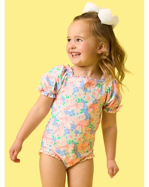 Bow Blooms Puff Sleeve One Piece Swimsuit