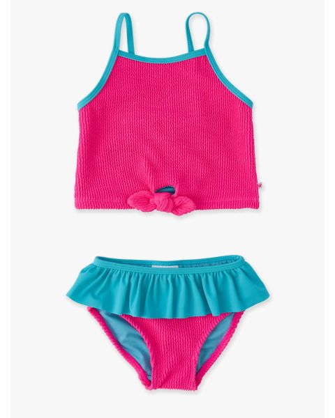 Neon Magenta Crinkle Tie Front Skirted 2-Piece Swimsuit