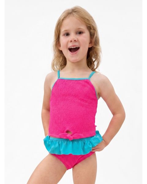 Neon Magenta Crinkle Tie Front Skirted 2-Piece Swimsuit