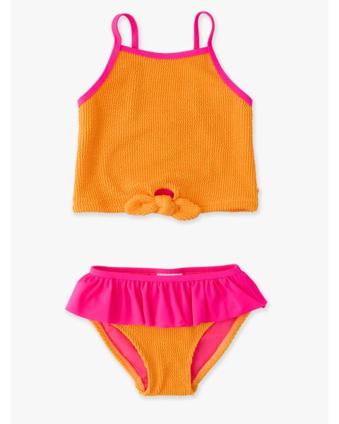 Neon Orange Crinkle Tie Front Skirted 2-Piece Swimsuit