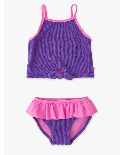 Neon Purple Crinkle Tie Front Skirted 2-Piece Swimsuit