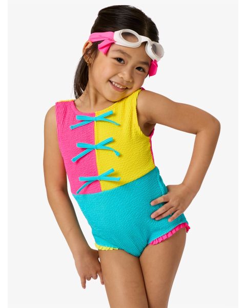Neon Color Block Crinkle Color Block Bow One Piece Swimsuit