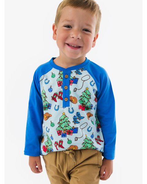 Blue Yuletide Yeehaw Long Sleeve Raglan Henley Tee